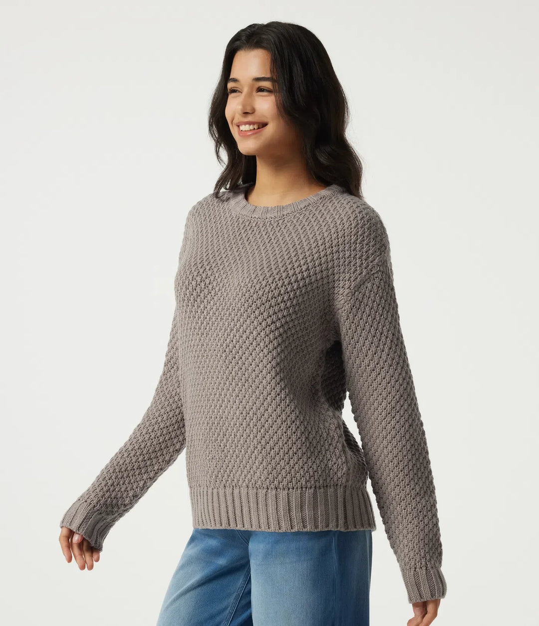 Round Neck Dropped Shoulder Long Sleeve Work Sweater