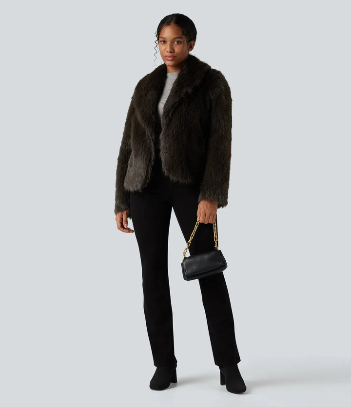 Lapel Long Sleeve Casual Faux Fur Coat with Pockets