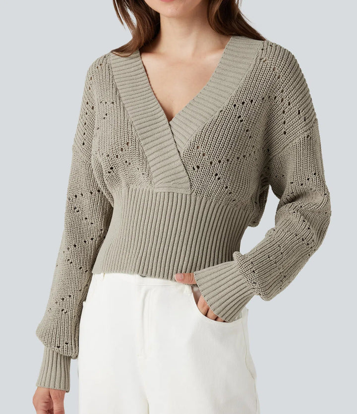 V-neck Long Sleeve Hollow Out Work Sweater