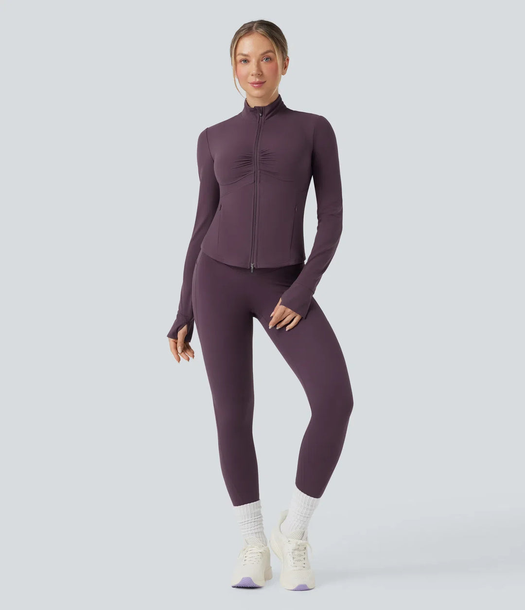 Halara UltraSculpt Mock Neck Ruched Push-Up Long Sleeve Thumb Hole Yoga Jacket with Pockets