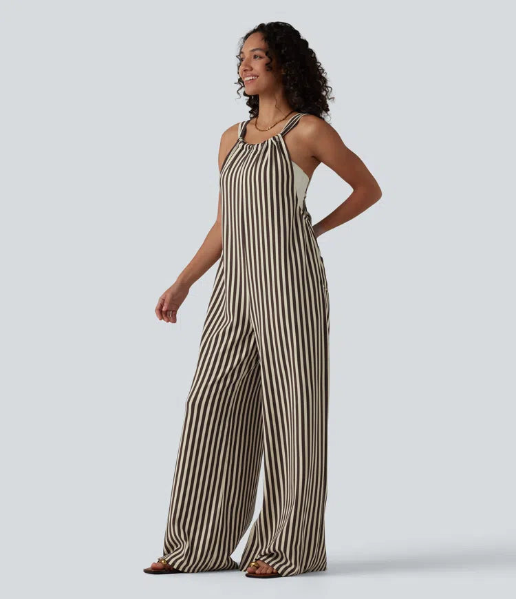 Tie-back Stripes Casual Baggy Overalls with Pockets