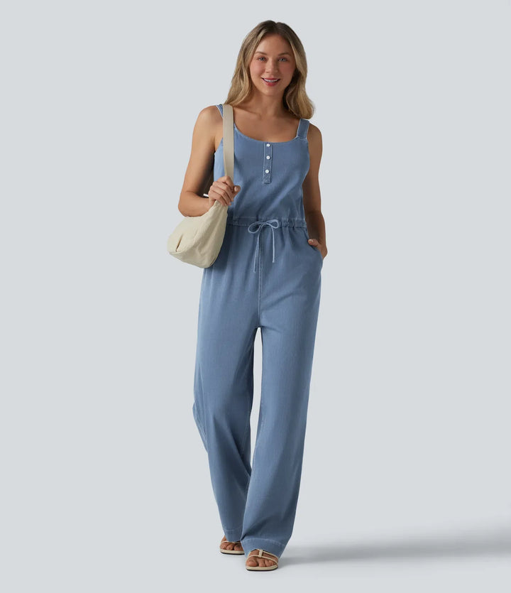 Halara Flex Drawstring Straight Leg Denim Casual Jumpsuit with Pockets