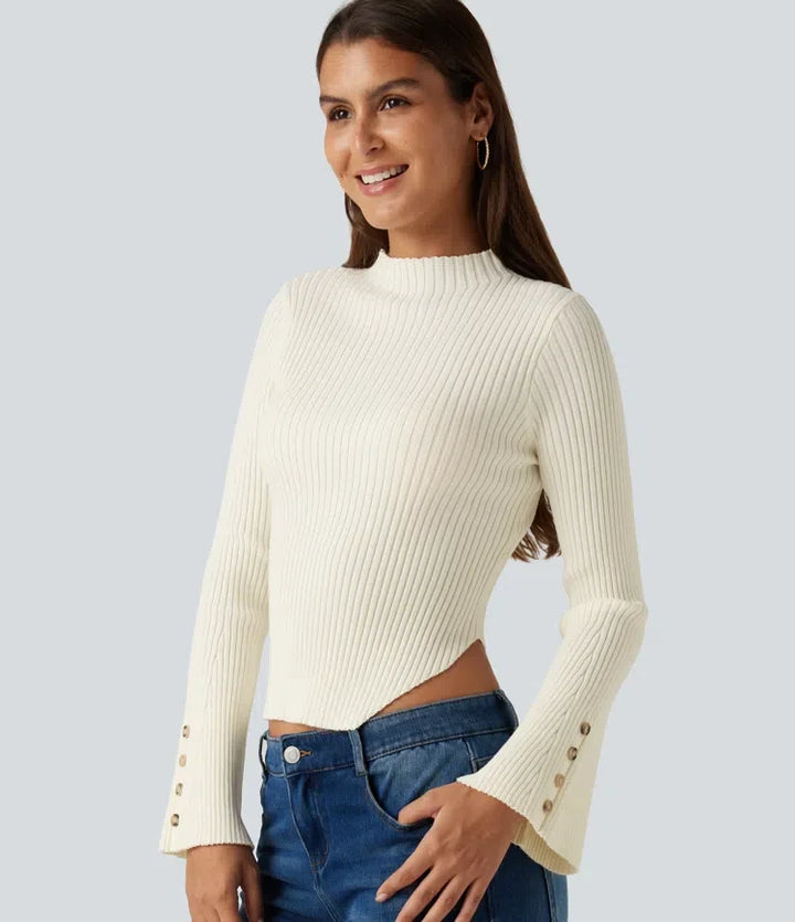 Ribbed Knit Stand Collar Flounce Sleeves Asymmetric Hem Slim Work Sweater
