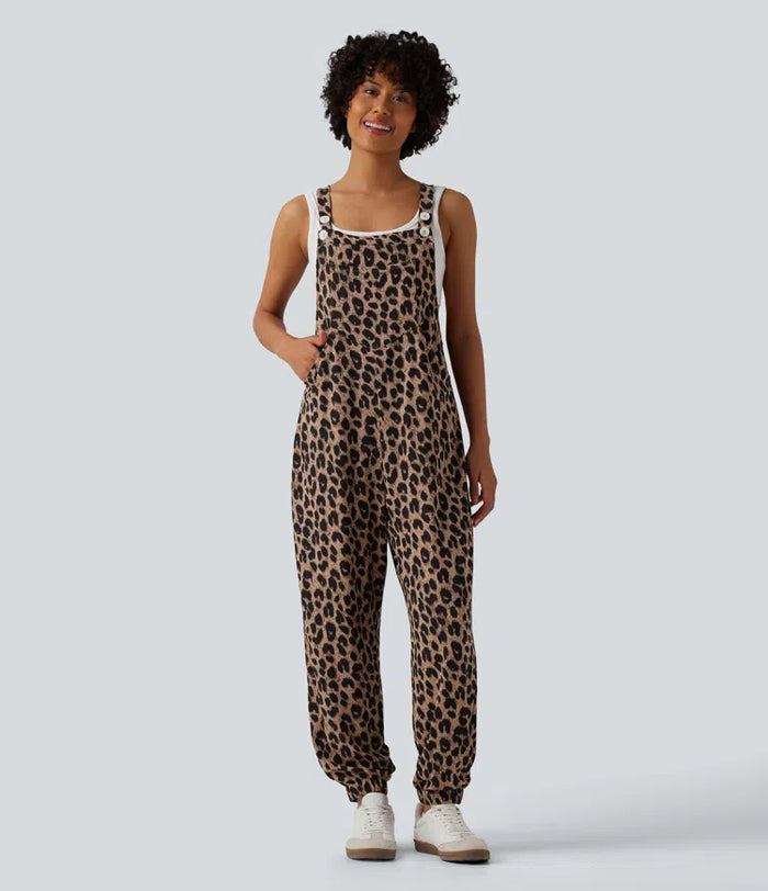 Adjustable Straps Leopard Print Waffle Casual Jogger Overalls with Pockets