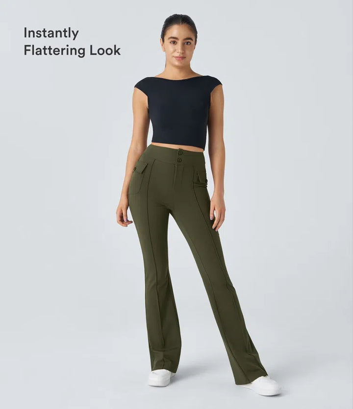 High Waisted Side Flap Pocket Flare Casual Cargo Pants