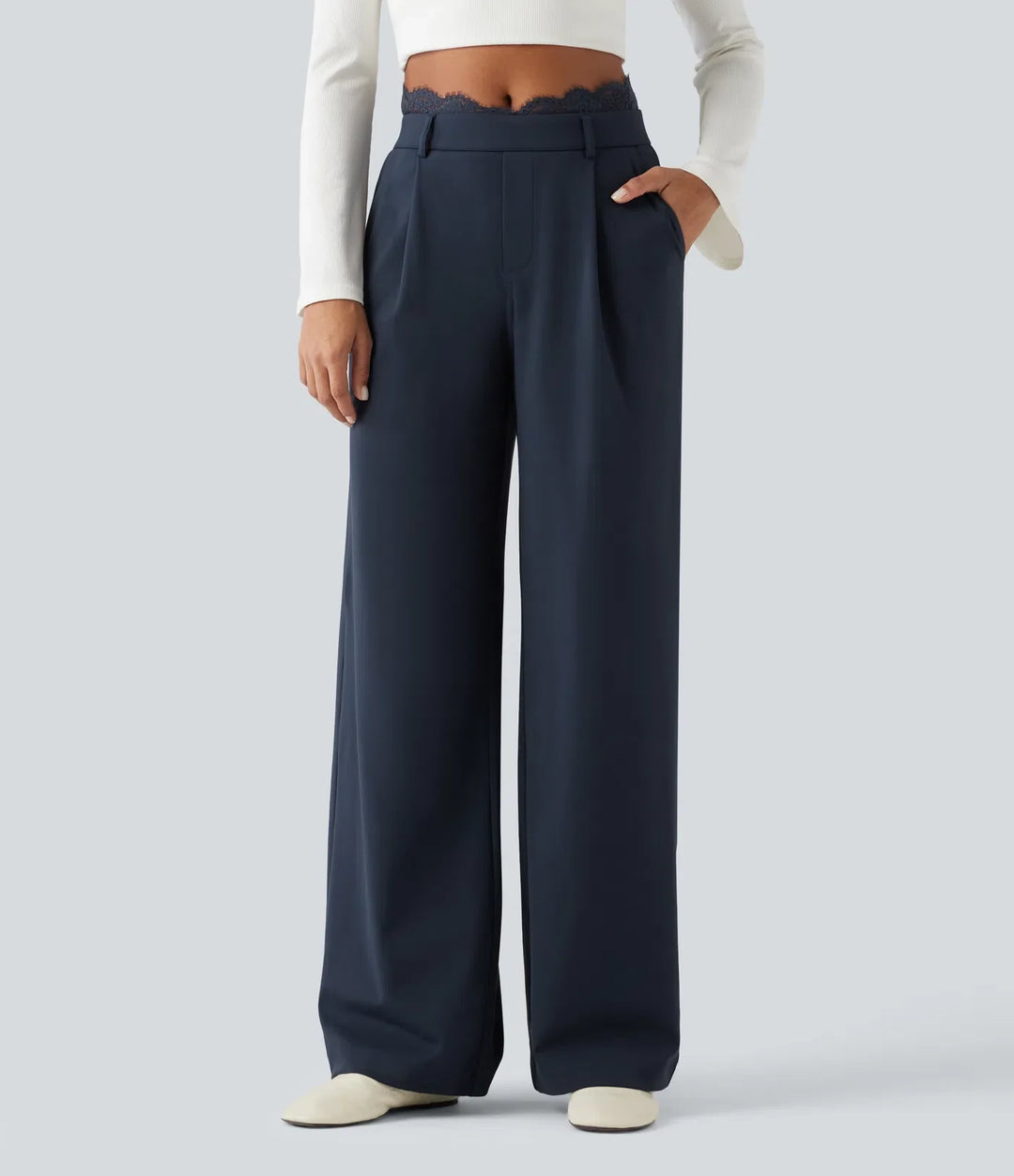 Halara Flex High Waisted Contrast Lace Straight Leg Work Pants with Pockets