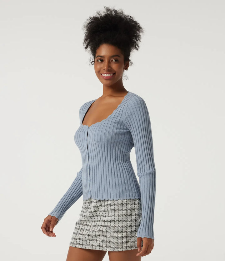 Ribbed Knit Square Neck Long Sleeve Casual Sweater