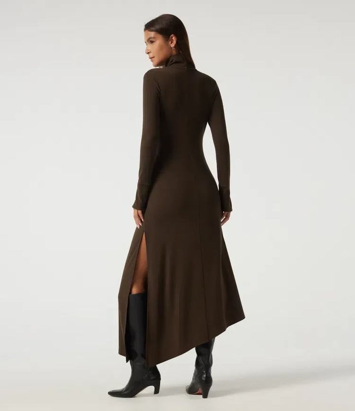 High Neck Long Sleeve Asymmetric Thermal Casual Bodycon Midi Dress