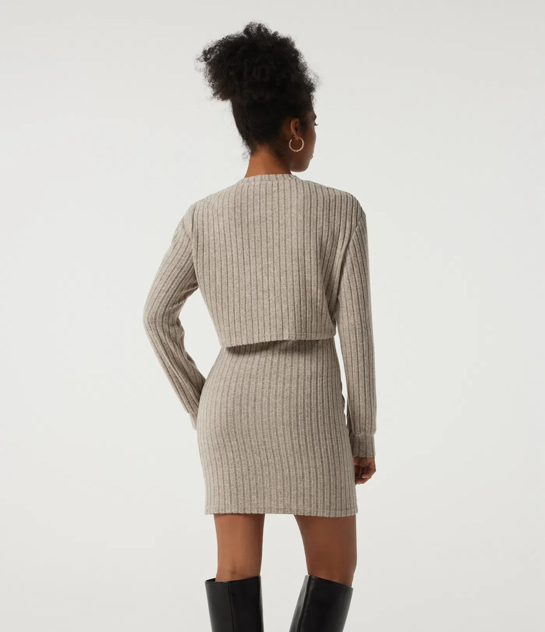 Ribbed Knit Round Neck Long Sleeve 2-Piece Bodycon Mini Casual Dress