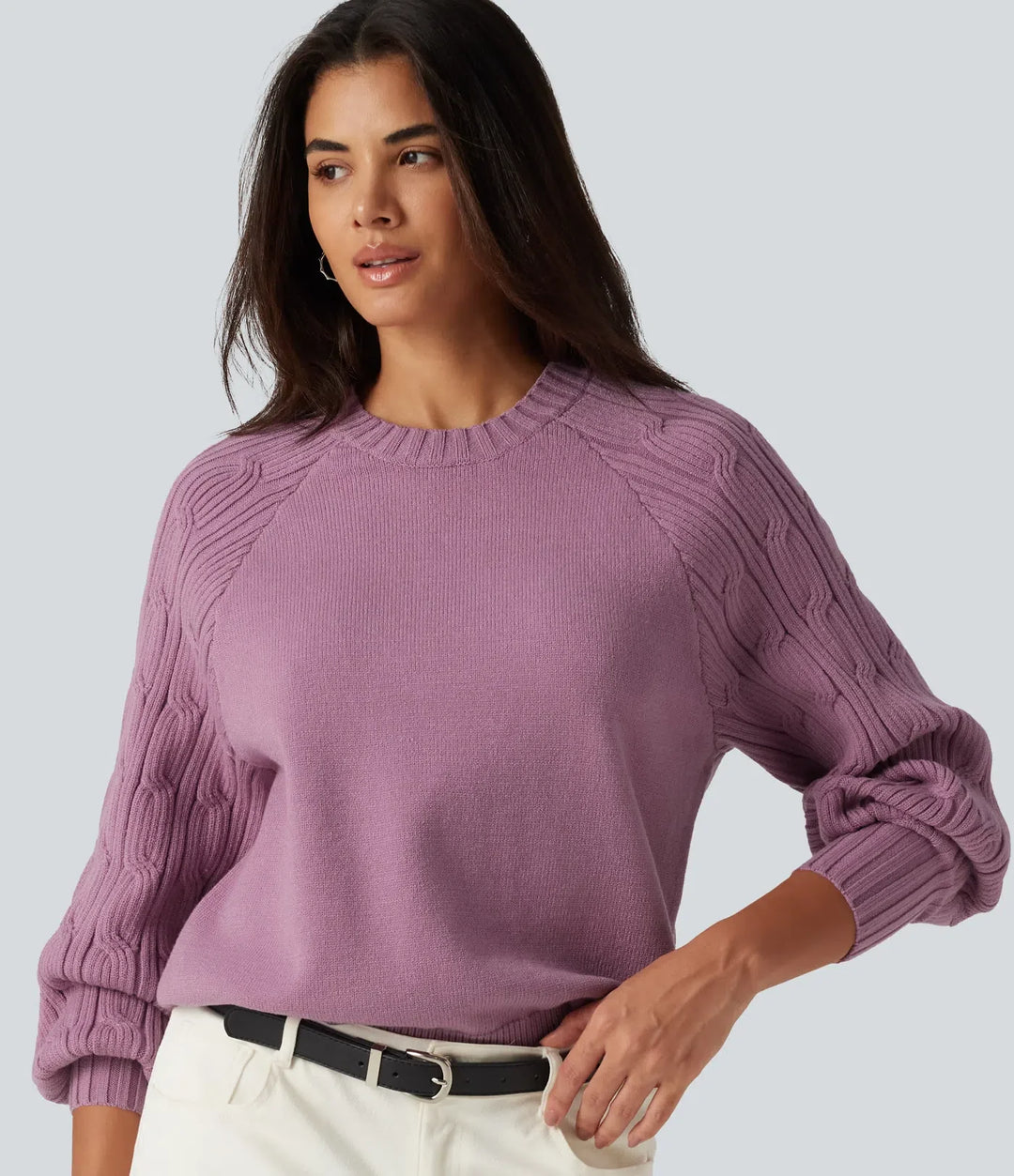 Round Neck Long Sleeve Slit Hem Casual Sweater