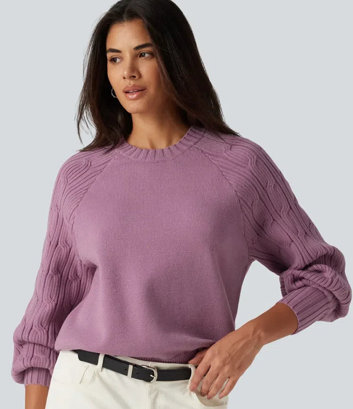 Round Neck Long Sleeve Slit Hem Casual Sweater