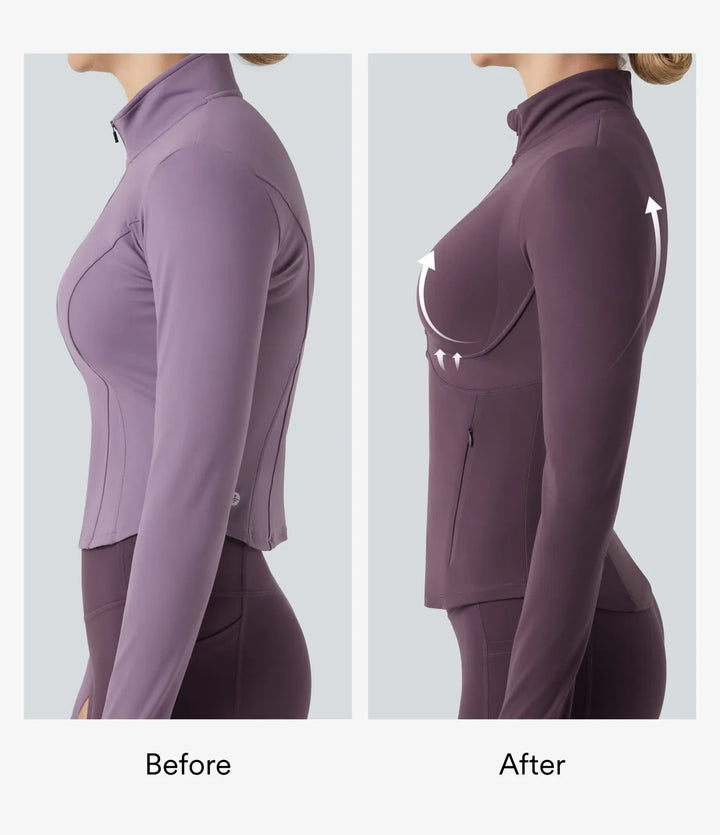 Halara UltraSculpt Mock Neck Ruched Push-Up Long Sleeve Thumb Hole Yoga Jacket with Pockets