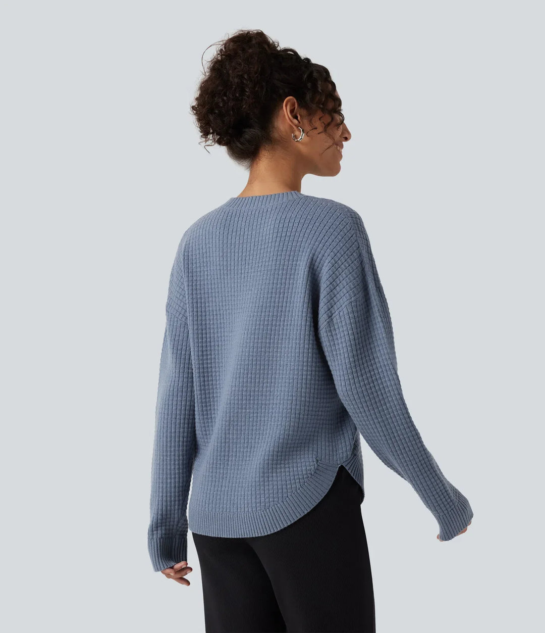 Round Neck Long Sleeve Curved Hem Work Sweater