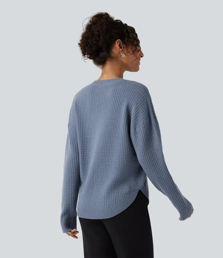 Round Neck Long Sleeve Curved Hem Work Sweater