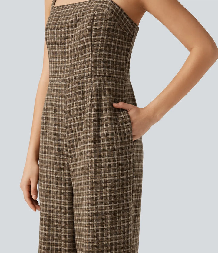 Plaid Casual Jumpsuit with Pockets