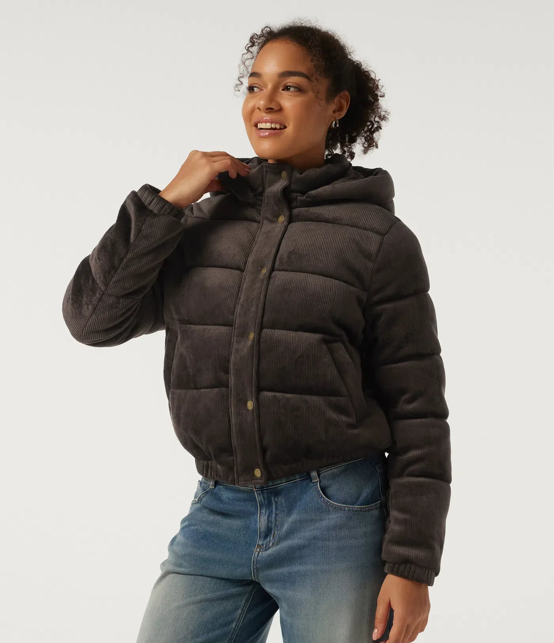 Ribbed Knit Removable Hood Long Sleeve Fleece Casual Padded Jacket with Pockets