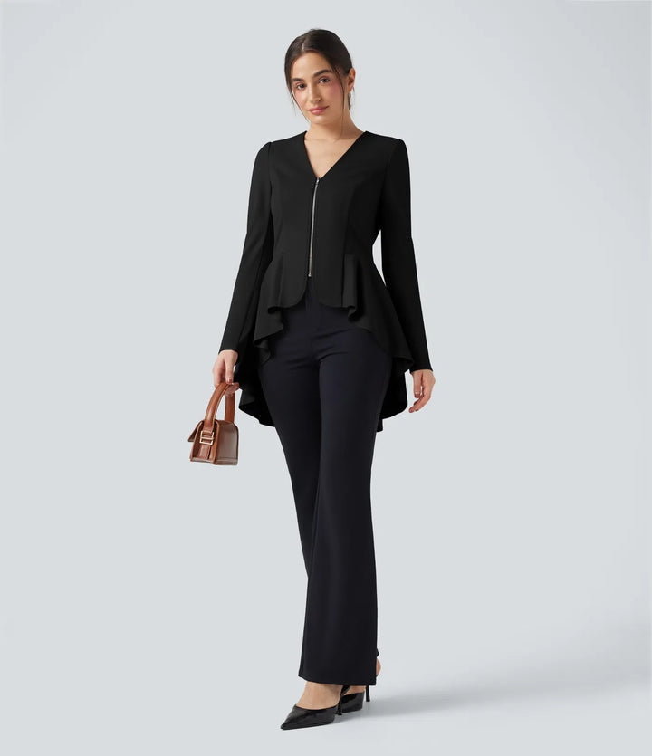 V Neck Long Sleeve Ruffe Hem High Low Work Coat
