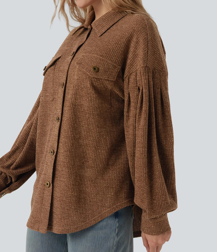 Long Sleeve Curved Hem Knit Waffle Casual Jacket with Pockets