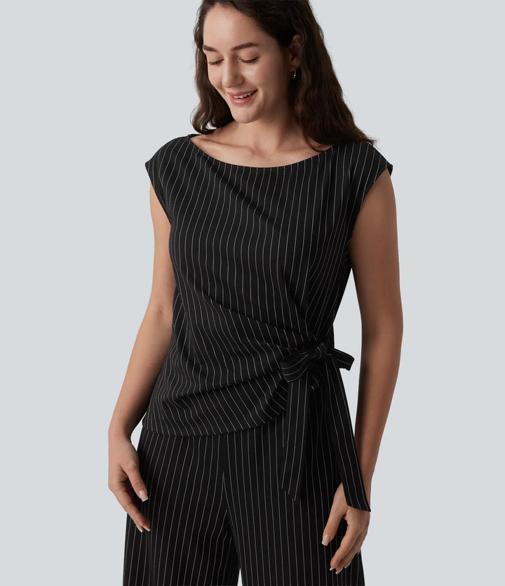 Boat Neck Sleeveless Tie Side Cool Touch Stripe Work Jumpsuit with Pockets-Easy Peezy Edition