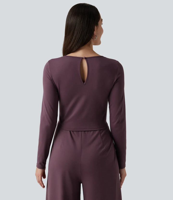 Round Neck Long Sleeve Wide Leg Casual Jumpsuit with Pockets-Easy Peezy Edition