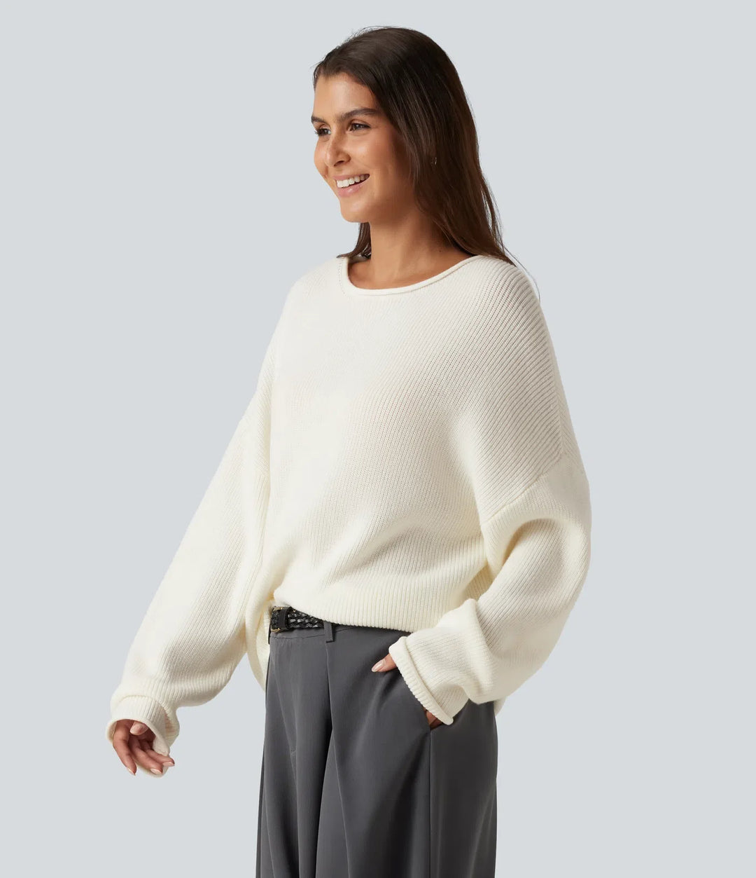 Round Neck Long Sleeve Rolled Hem Work Sweater