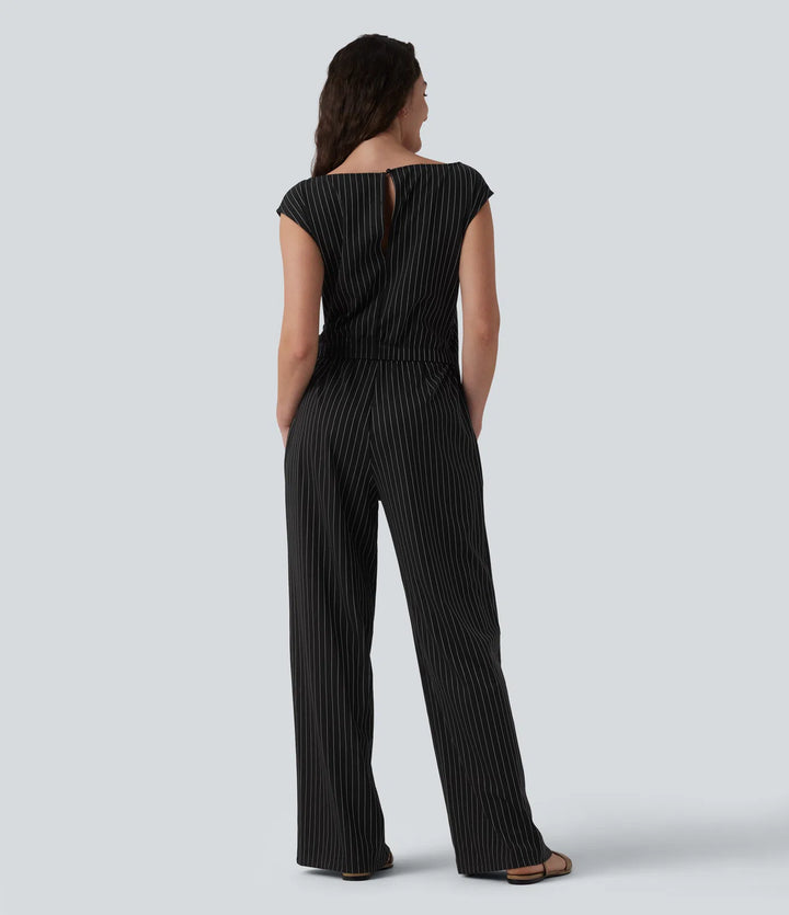 Boat Neck Sleeveless Tie Side Cool Touch Stripe Work Jumpsuit with Pockets-Easy Peezy Edition