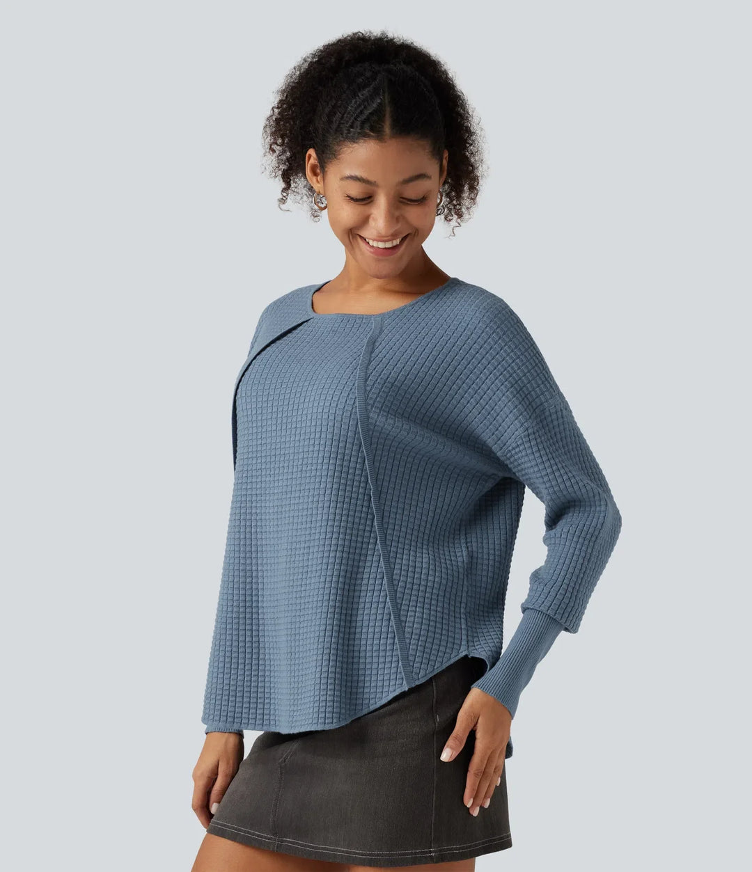 Round Neck Bishop Long Sleeve Curved Hem Casual Sweater