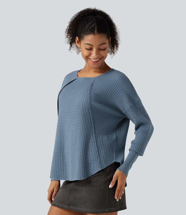 Round Neck Bishop Long Sleeve Curved Hem Casual Sweater