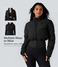 PuffFlex 3-in-1 Stand Collar Casual Cropped Puffer Coat & Thumb Holes Curved Hem Jacket with Pocket