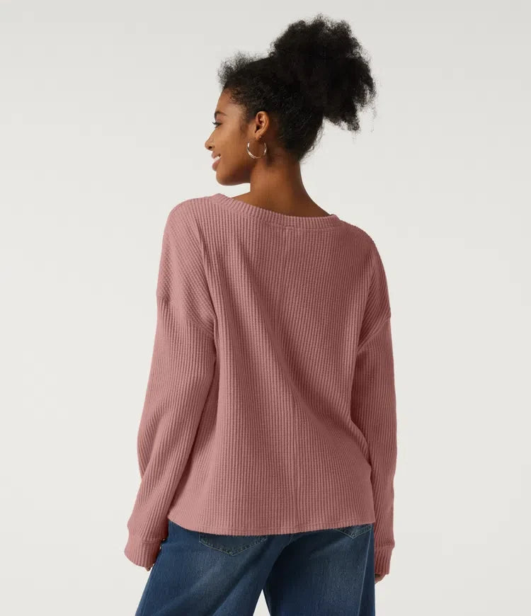Round Neck Long Sleeve Dropped Waffle Casual Sweatshirt with Pocket