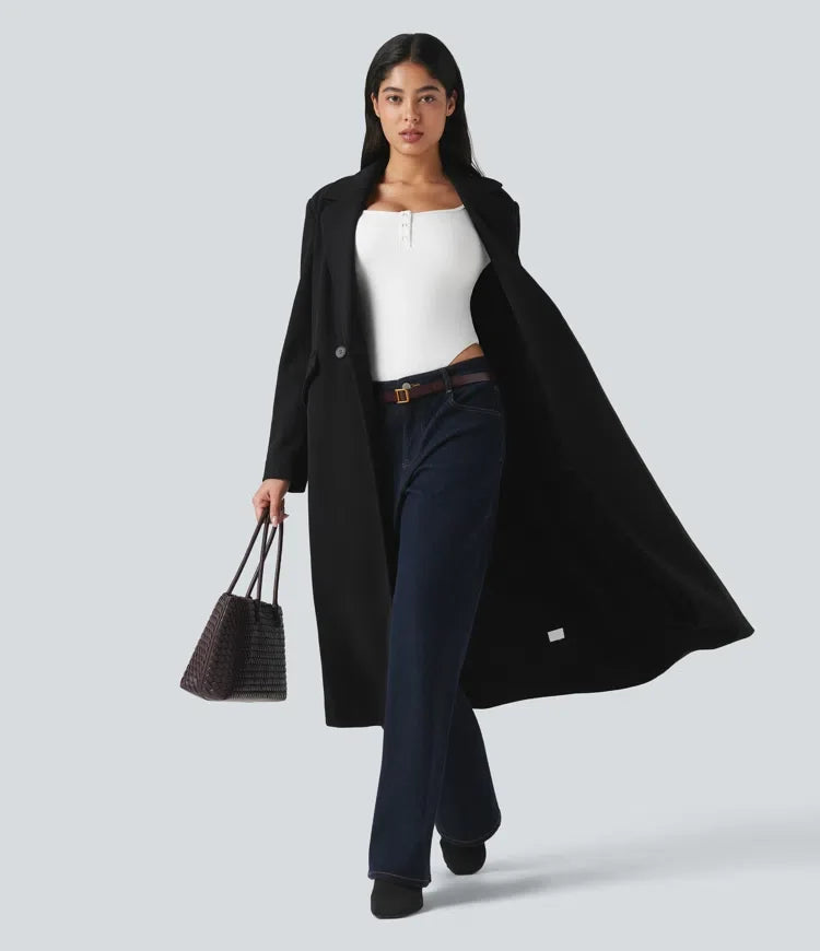 Notched Collar Long Sleeve Longline Fleece Casual Coat with Pockets