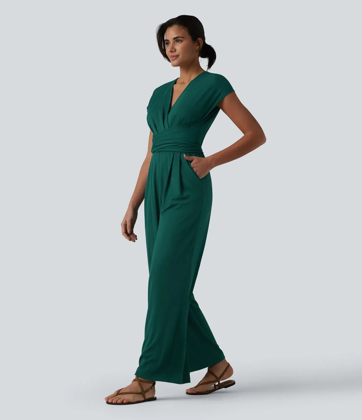 V-neck Short Sleeve Crossover Tie Pleated Work Jumpsuit with Pockets-Easy Peezy