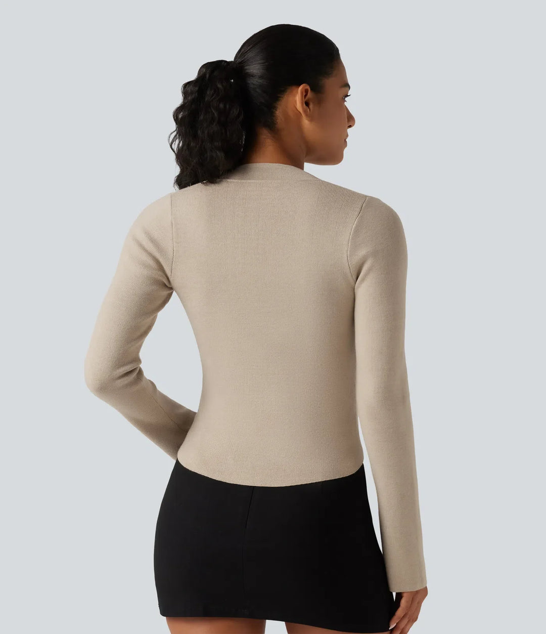 V Neck Long Sleeve Curved Hem Work Wool-Blend Sweater