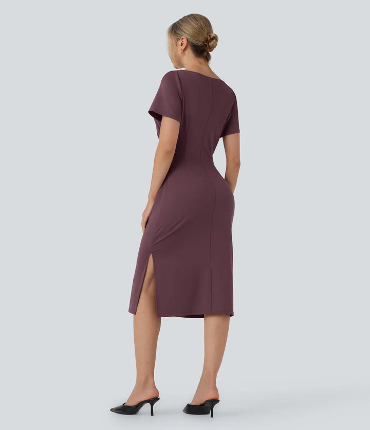 Short Sleeve Ruched Bodycon Midi Work Dress
