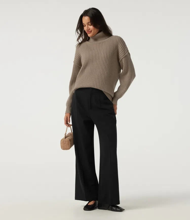 High Neck Long Sleeve Dropped Shoulder Casual Wool-Blend Sweater