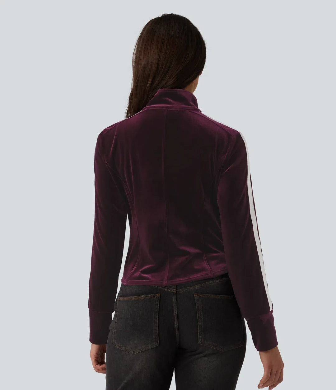 Mock Neck Long Sleeve Stripe Velvet Casual Jacket