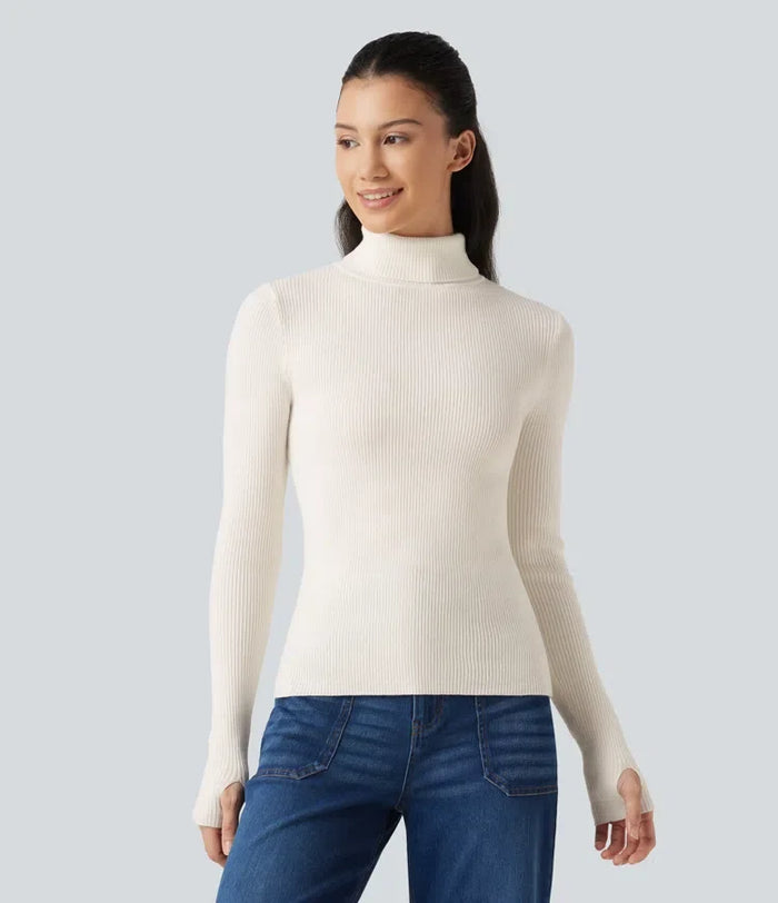 High Neck Long Sleeve Thumb Hole Work Wool-Blend Sweater
