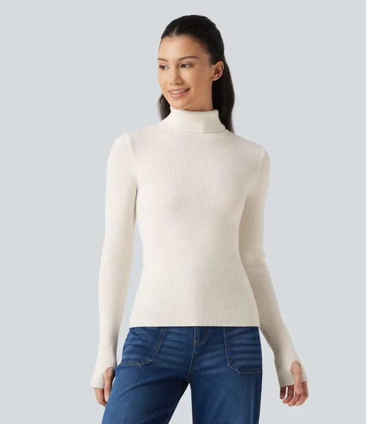 High Neck Long Sleeve Thumb Hole Work Wool-Blend Sweater