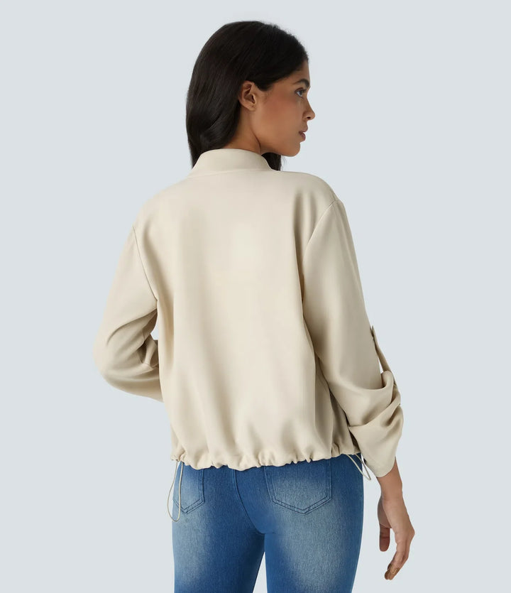 Stand Collar Roll Tab Sleeve Flap Pocket Inside Drawstring Hem Zip Casual Jacket