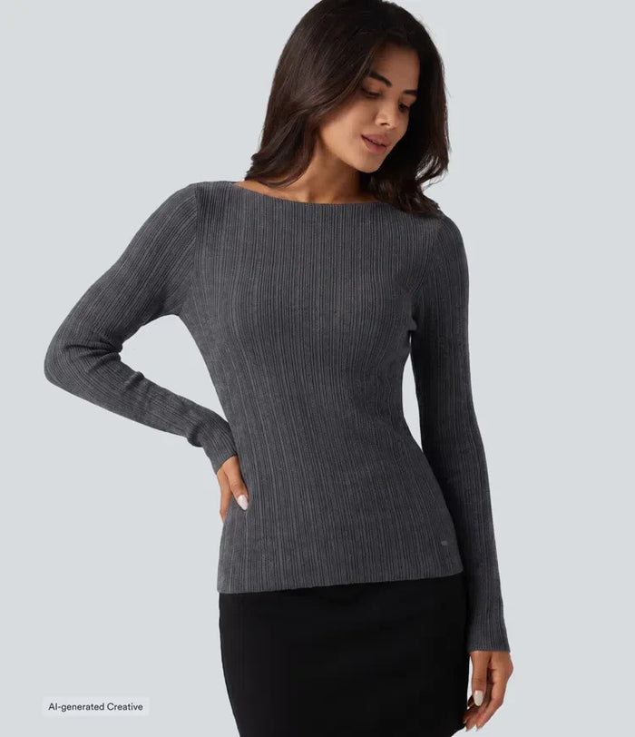 Boat Neck Long Sleeve Casual Sweater