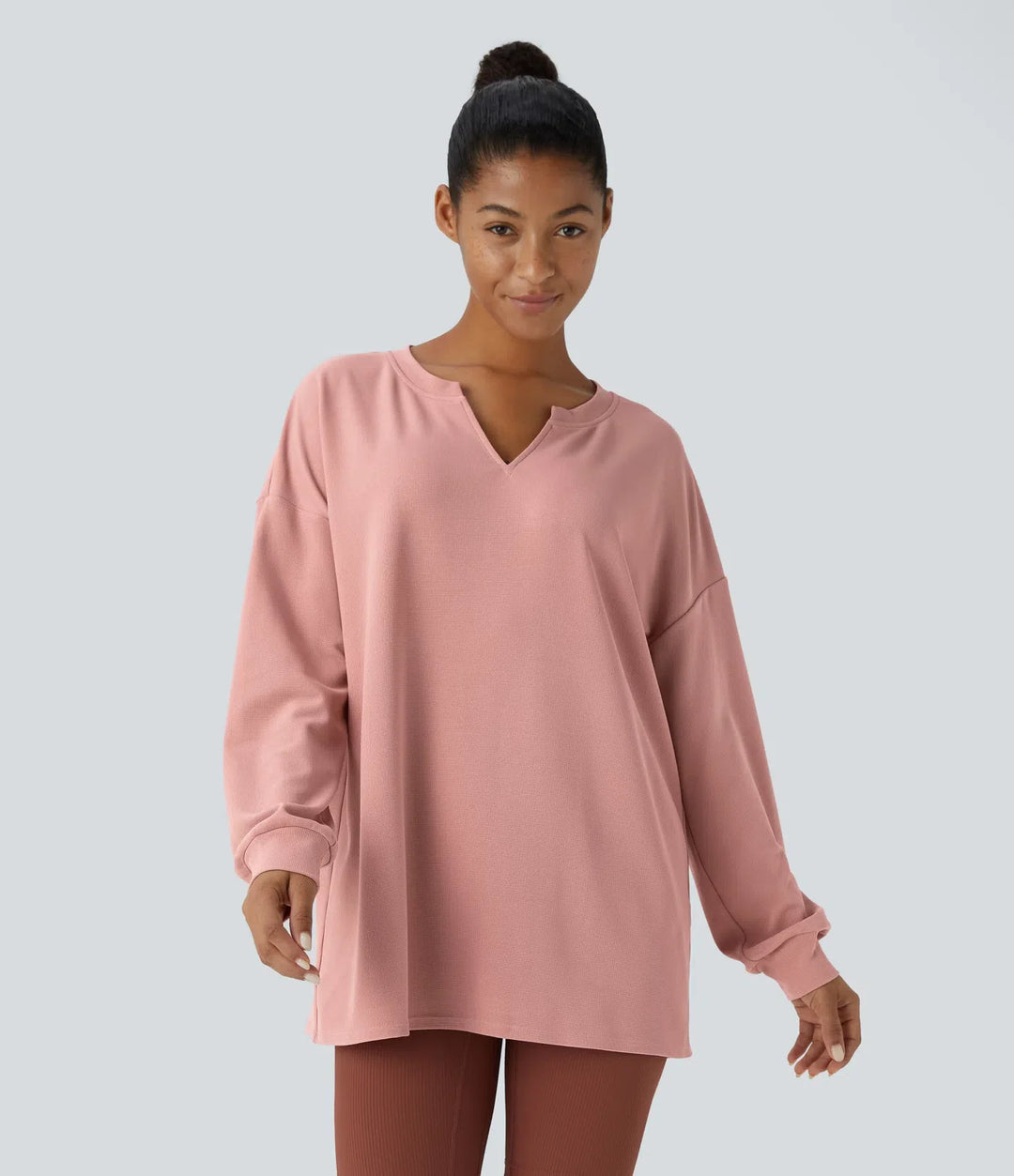 V Neck Dropped Shoulder Relaxed Waffle Casual Sweatshirt