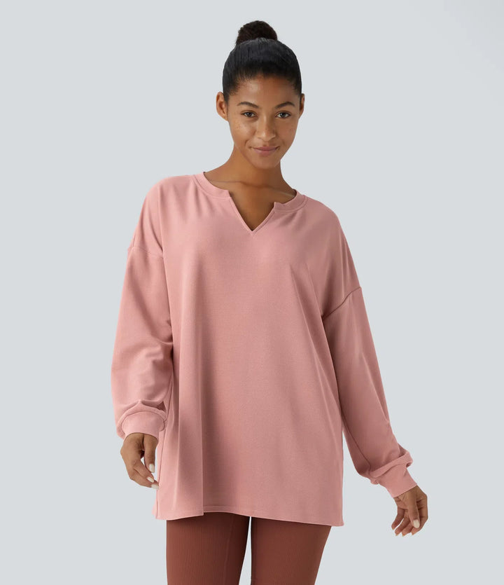 V Neck Dropped Shoulder Relaxed Waffle Casual Sweatshirt