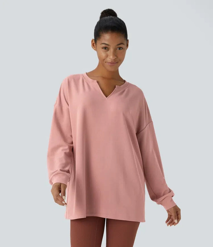 V Neck Dropped Shoulder Relaxed Waffle Casual Sweatshirt