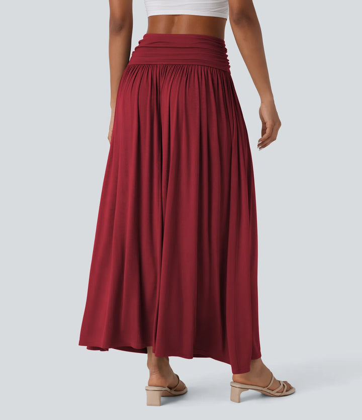 High Waisted Ruched Flowy Maxi Casual Skirt