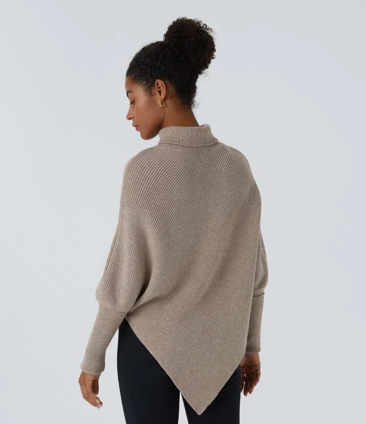 High Neck Long Sleeve Asymmetric Hem Work Sweater