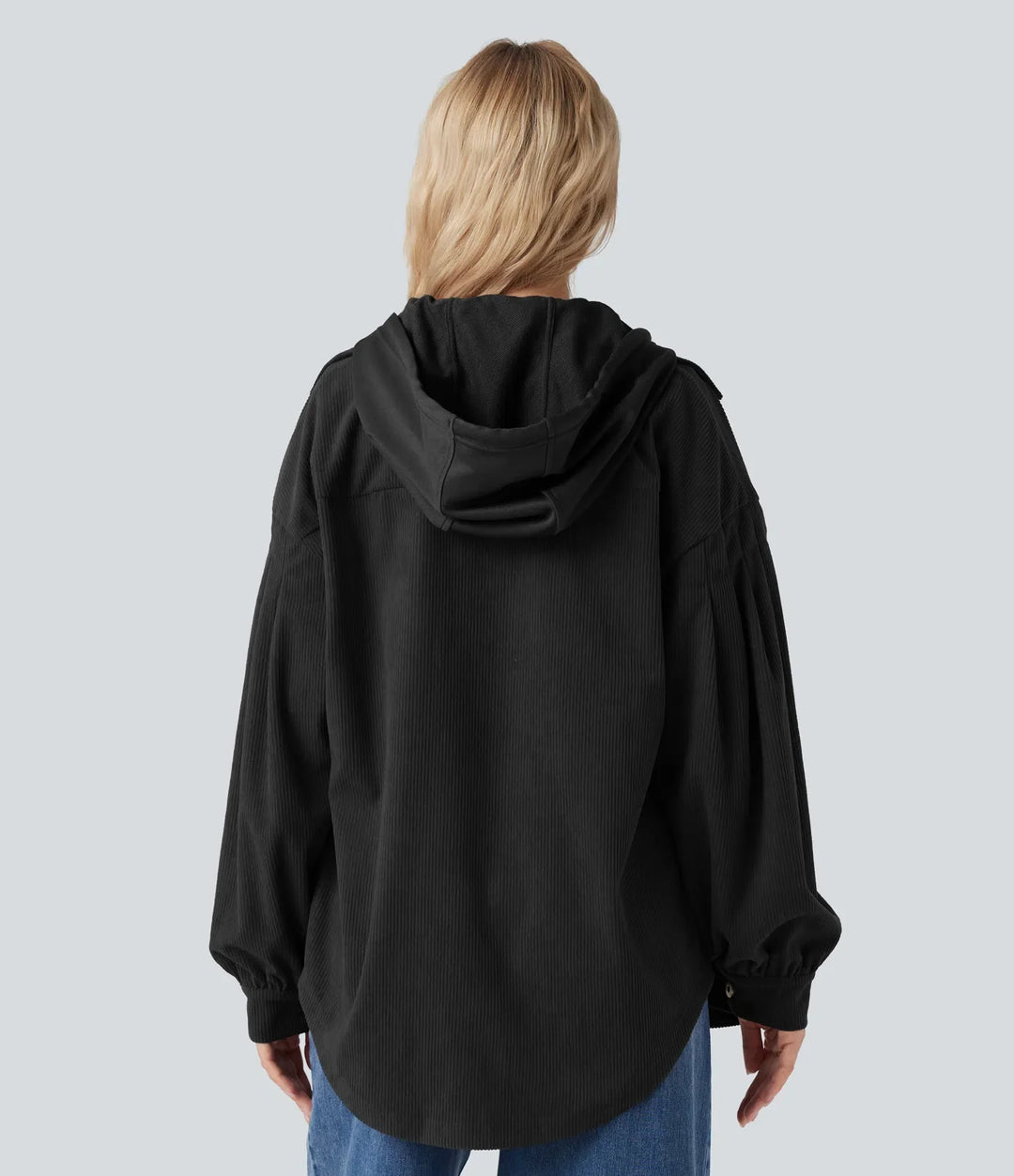 Hooded Drawstring Long Sleeve Corduroy Casual Jacket with Pockets