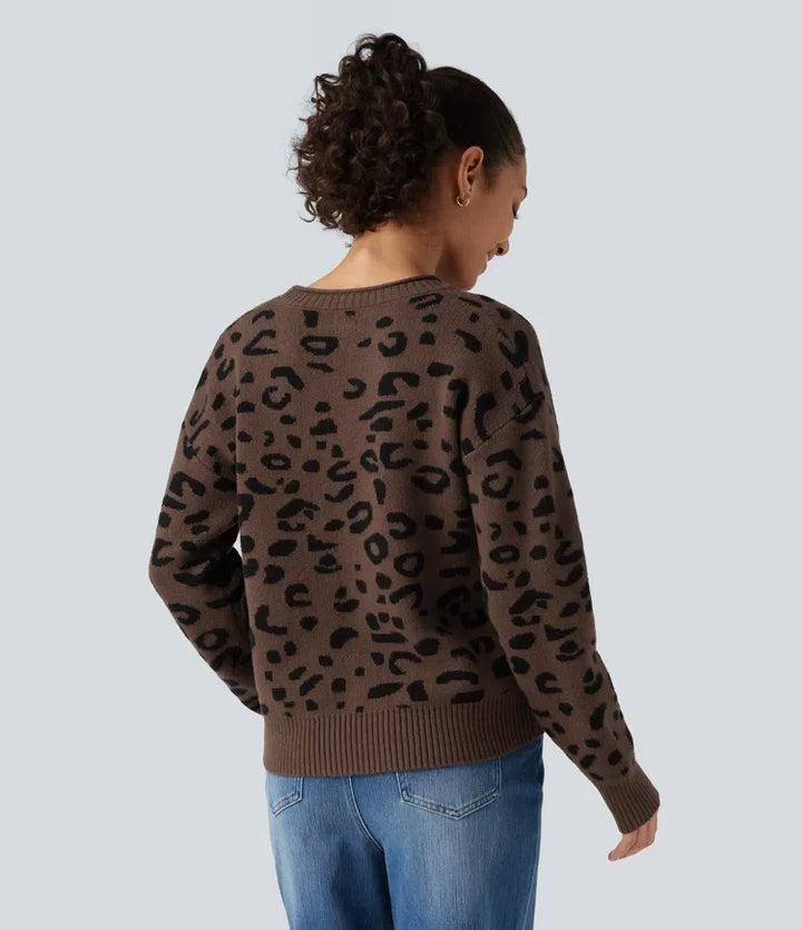Round Neck Leopard Print Long Sleeve Casual Sweater