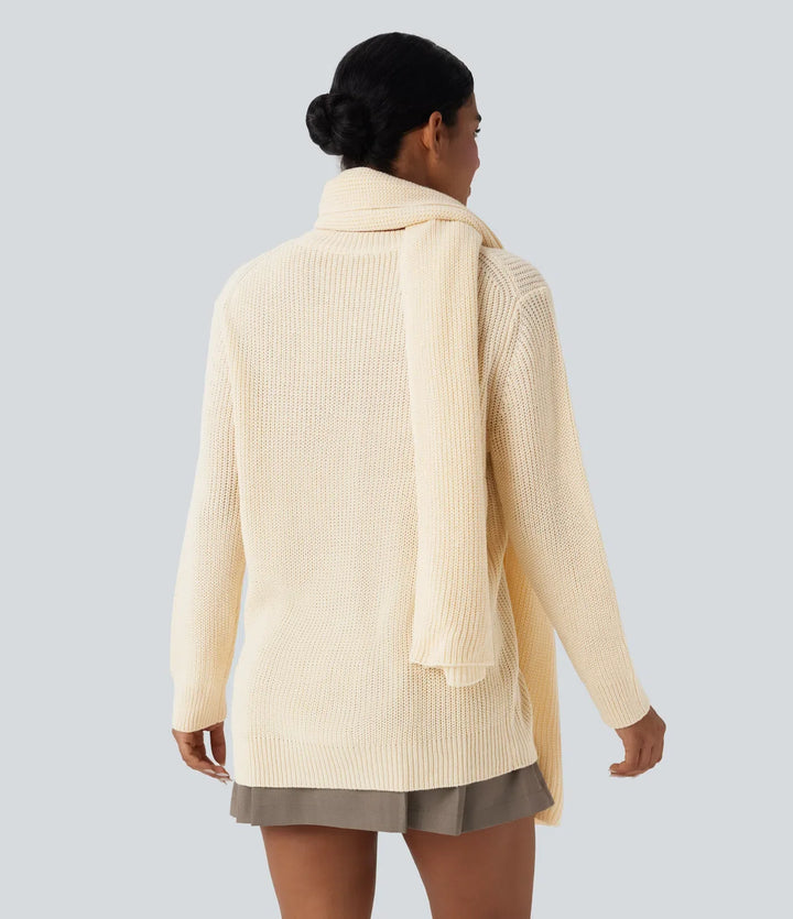 Round Neck Long Sleeve Work Sweater with Scarf