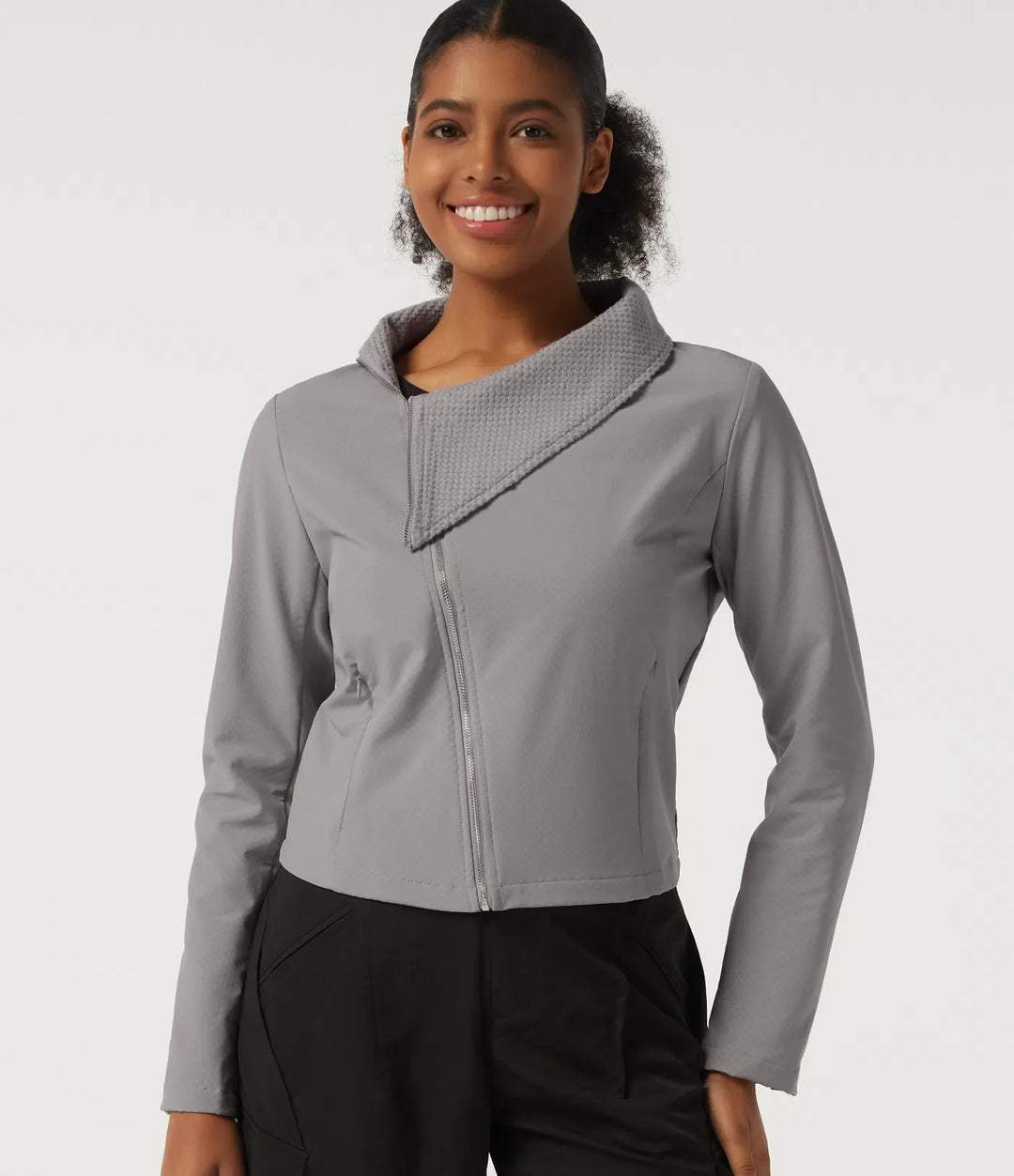 Asymmetric Collar Long Sleeve Casual Jacket with Pockets