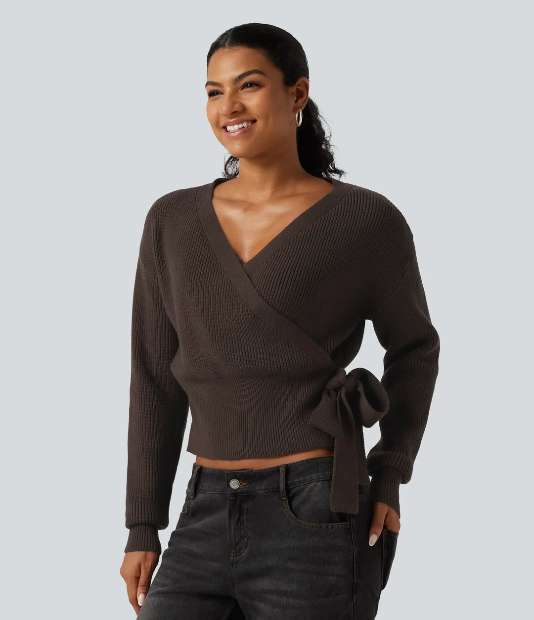 V Neck Long Sleeve Tie Side Work Sweater